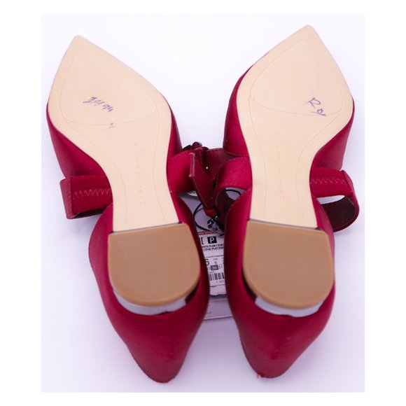 SOLD! ZARA Red Pointed Toe Rhinestone Buckle Satin Ballet Flats NEW - Picture 7 of 10